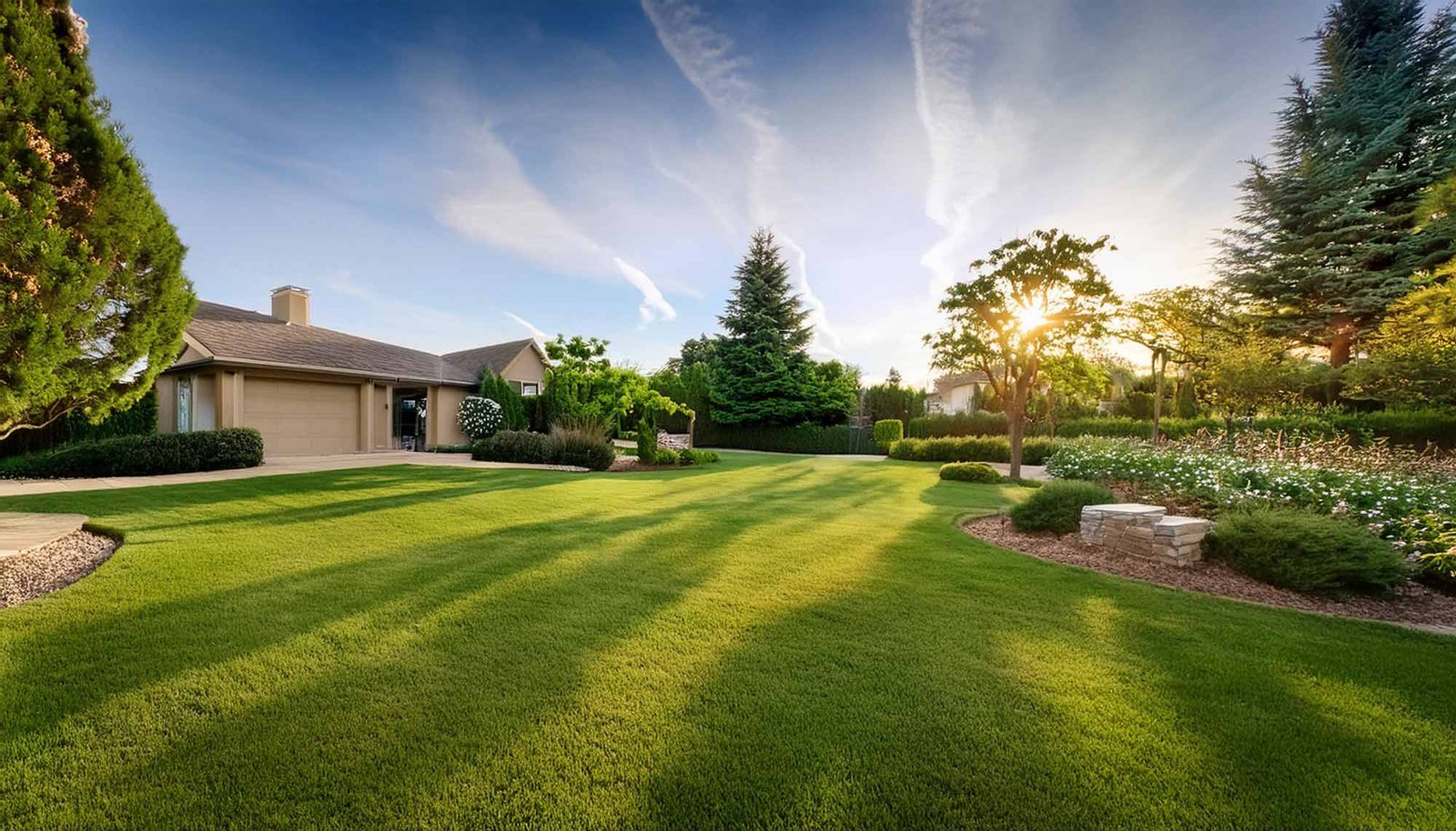 A pristine residential lawn at sunset, highlighting the excellence of Utah landscaping services provided by Sprinkler Boss. The lush greenery, well-trimmed grass, and meticulously maintained garden beds showcase the superior quality and care delivered by the service.