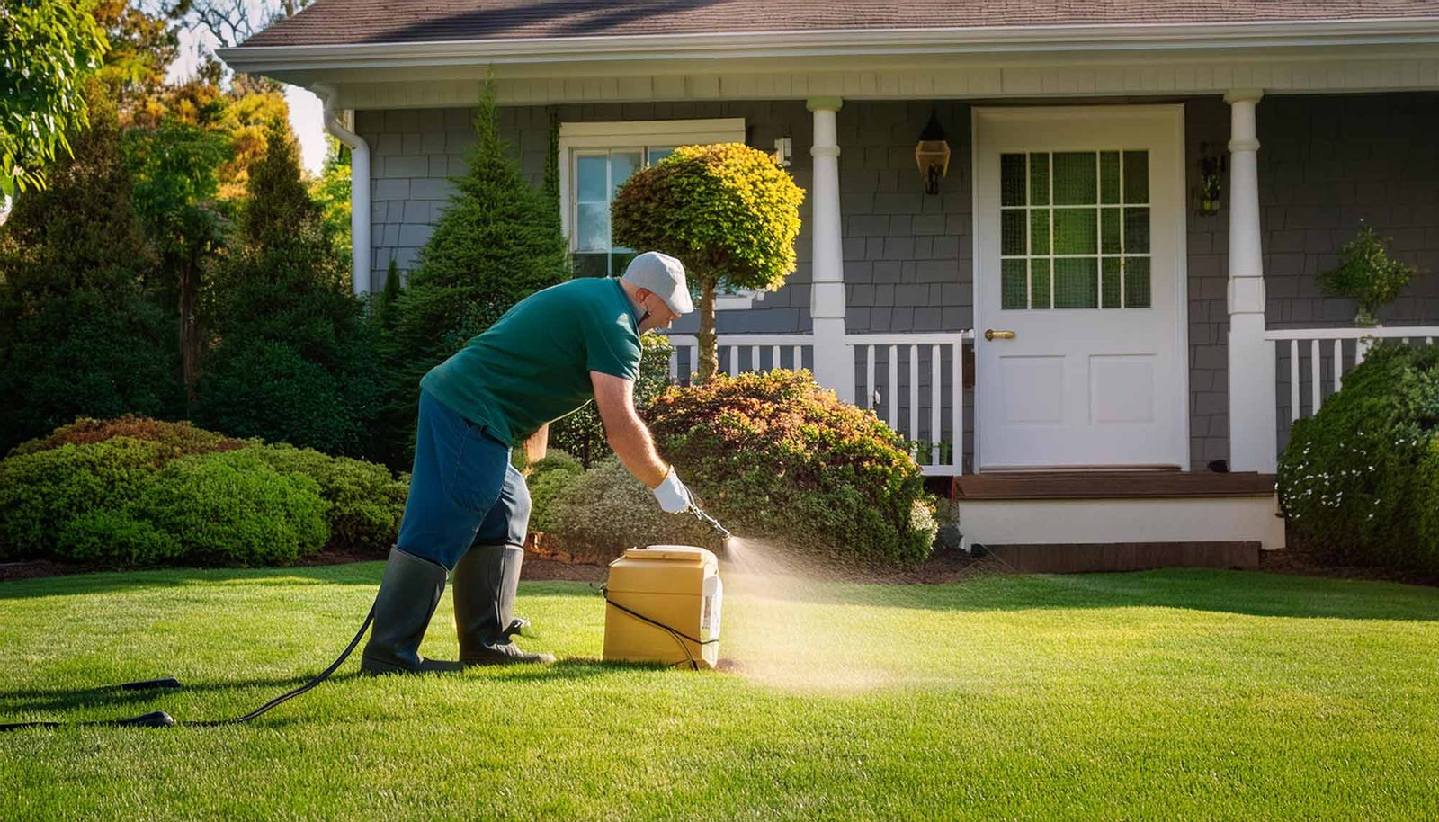 A professional applying fertilizer to a lush green lawn in front of a well-kept home, demonstrating the high-quality Utah lawn fertilizer service provided by Sprinkler Boss. The vibrant grass and meticulous care reflect the expertise and dedication of the service