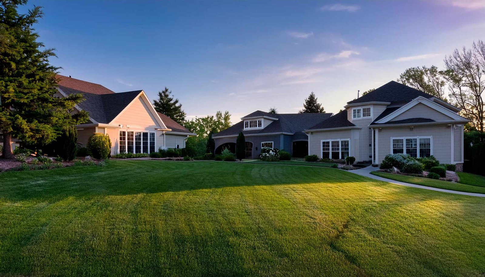 A beautifully manicured lawn in a residential neighborhood during sunset, showcasing the effectiveness of Utah lawn weed control services provided by Sprinkler Boss. The lush, green grass and well-maintained landscape exemplify top-notch care and attention to detail.