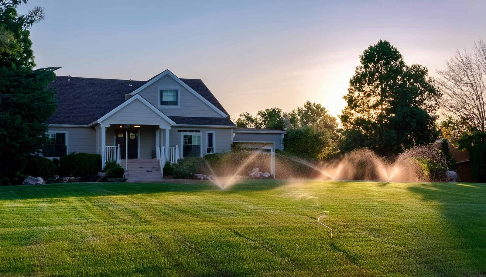 A well-maintained lawn with sprinklers in action during sunset, demonstrating the exceptional quality of Utah sprinkler services provided by Sprinkler Boss. The even water distribution and healthy green grass showcase the efficiency and reliability of their irrigation solutions